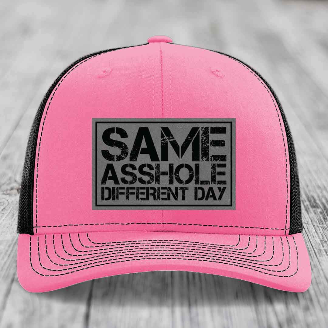 Same Asshole, Different Day - Leather Patch Hat - Grey to Black Patch - Richardson 112 Snapback Trucker Hat