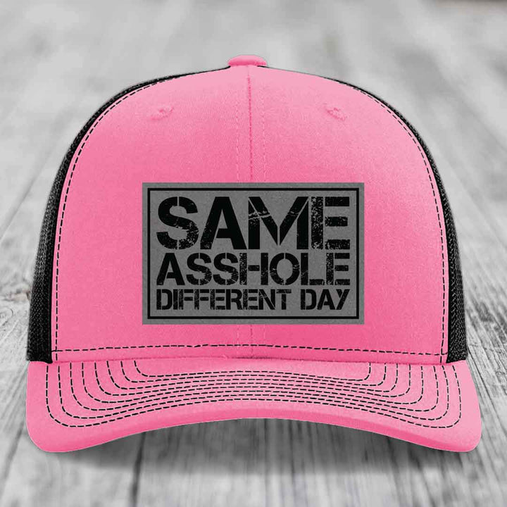 Same Asshole, Different Day - Leather Patch Hat - Grey to Black Patch - Richardson 112 Snapback Trucker Hat