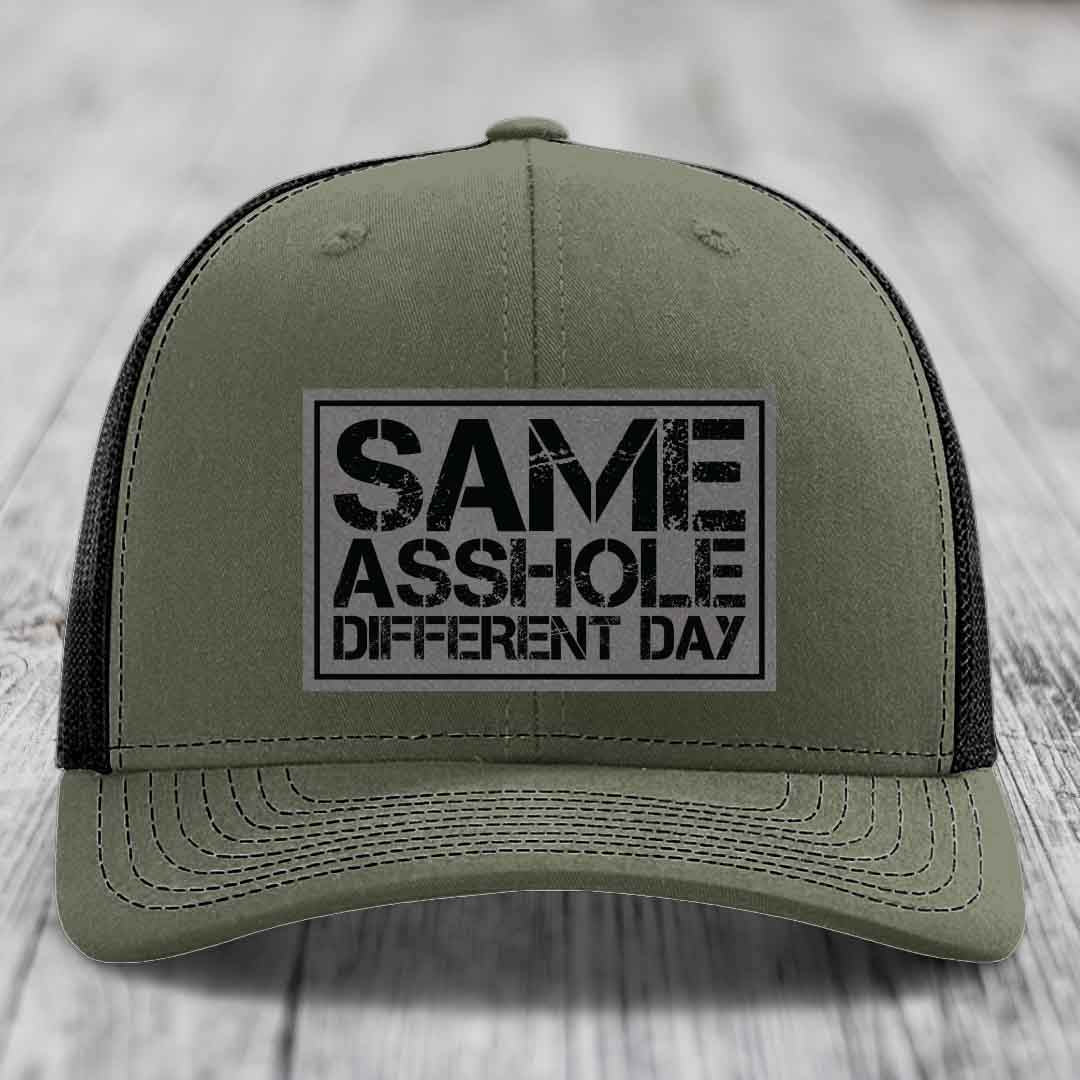 Same Asshole, Different Day - Leather Patch Hat - Grey to Black Patch - Richardson 112 Snapback Trucker Hat