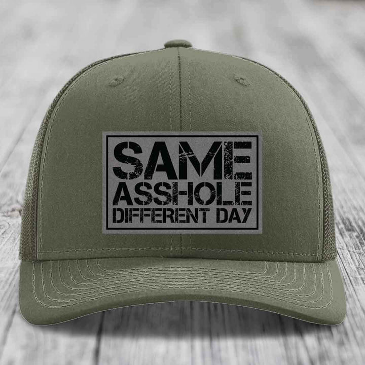 Same Asshole, Different Day - Leather Patch Hat - Grey to Black Patch - Richardson 112 Snapback Trucker Hat
