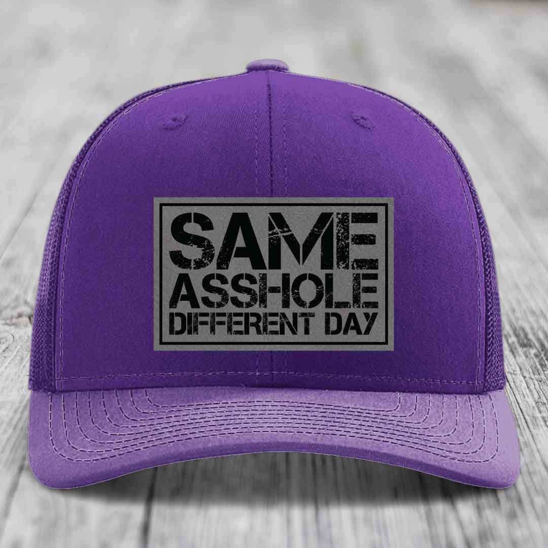 Same Asshole, Different Day - Leather Patch Hat - Grey to Black Patch - Richardson 112 Snapback Trucker Hat