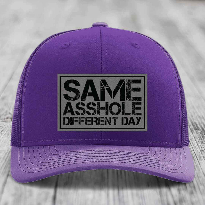 Same Asshole, Different Day - Leather Patch Hat - Grey to Black Patch - Richardson 112 Snapback Trucker Hat
