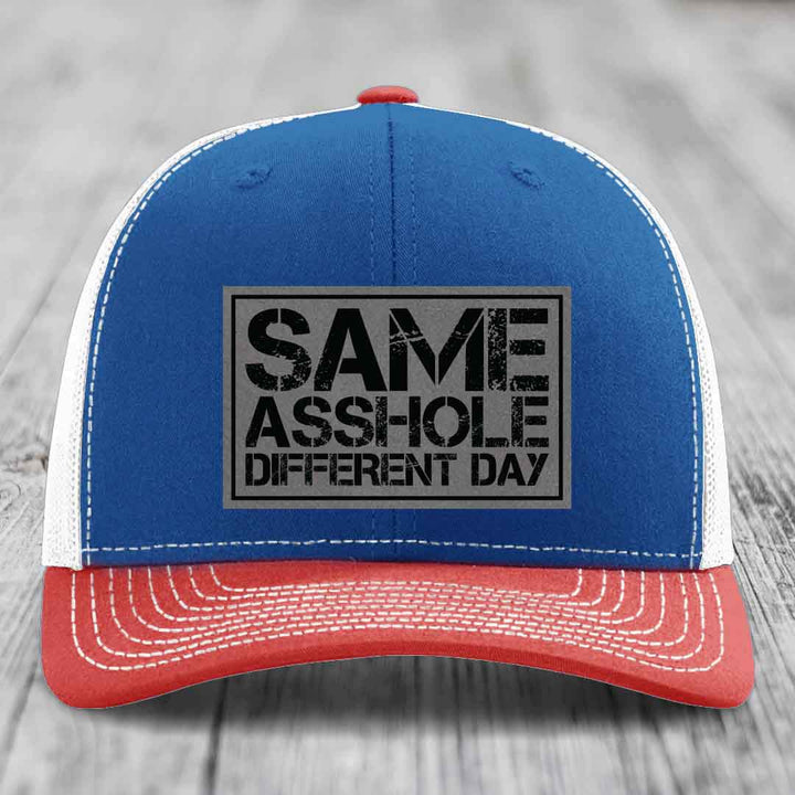 Same Asshole, Different Day - Leather Patch Hat - Grey to Black Patch - Richardson 112 Snapback Trucker Hat