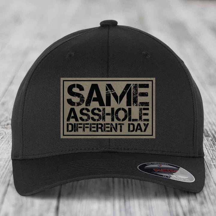 Same Asshole, Different Day - Leather Patch Hat - Light Brown to Black Patch - Flexfit 6277 Fitted Hat
