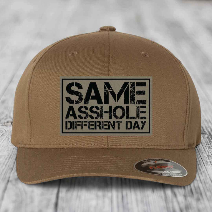 Same Asshole, Different Day - Leather Patch Hat - Light Brown to Black Patch - Flexfit 6277 Fitted Hat