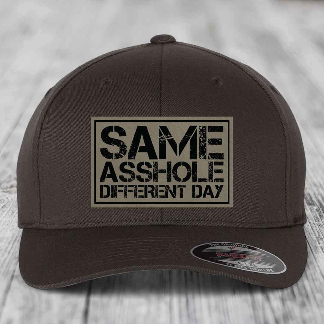 Same Asshole, Different Day - Leather Patch Hat - Light Brown to Black Patch - Flexfit 6277 Fitted Hat