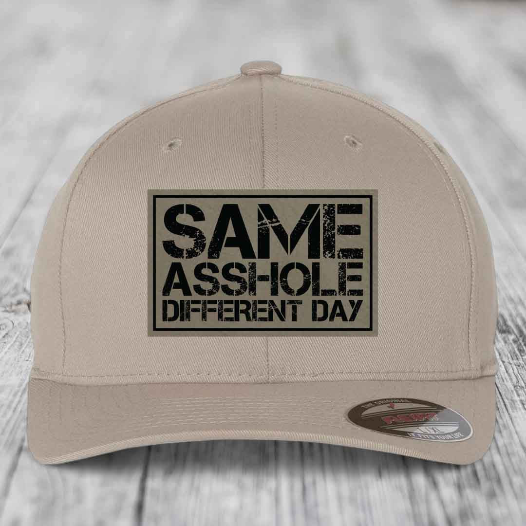 Same Asshole, Different Day - Leather Patch Hat - Light Brown to Black Patch - Flexfit 6277 Fitted Hat