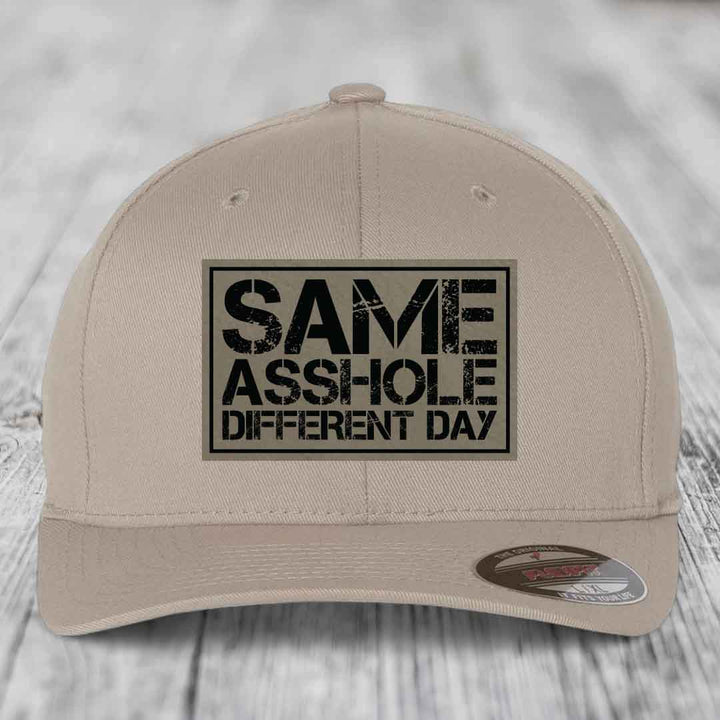 Same Asshole, Different Day - Leather Patch Hat - Light Brown to Black Patch - Flexfit 6277 Fitted Hat