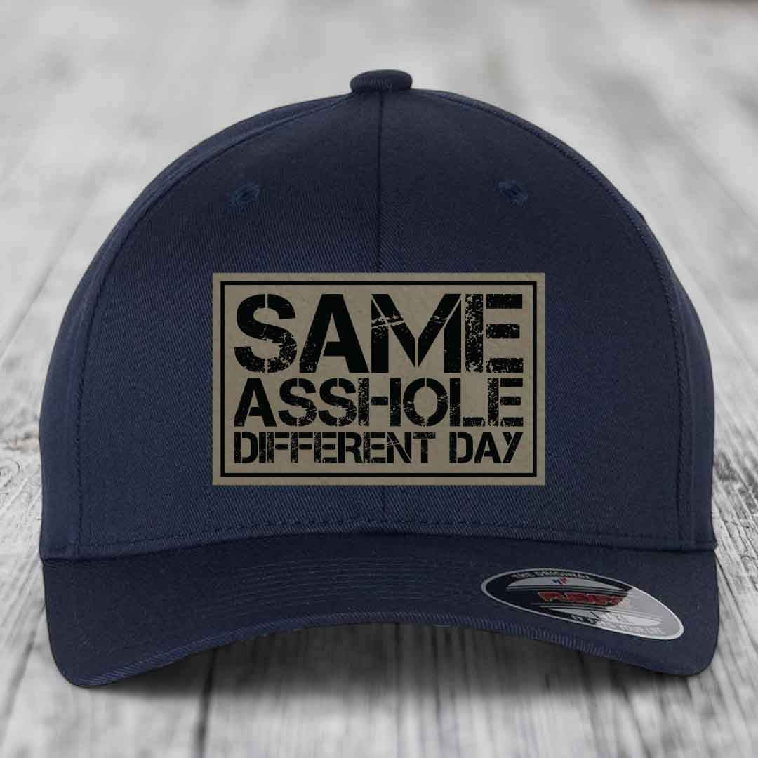 Same Asshole, Different Day - Leather Patch Hat - Light Brown to Black Patch - Flexfit 6277 Fitted Hat
