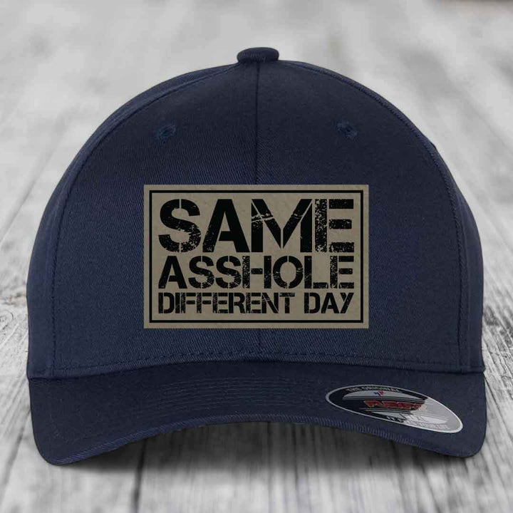 Same Asshole, Different Day - Leather Patch Hat - Light Brown to Black Patch - Flexfit 6277 Fitted Hat