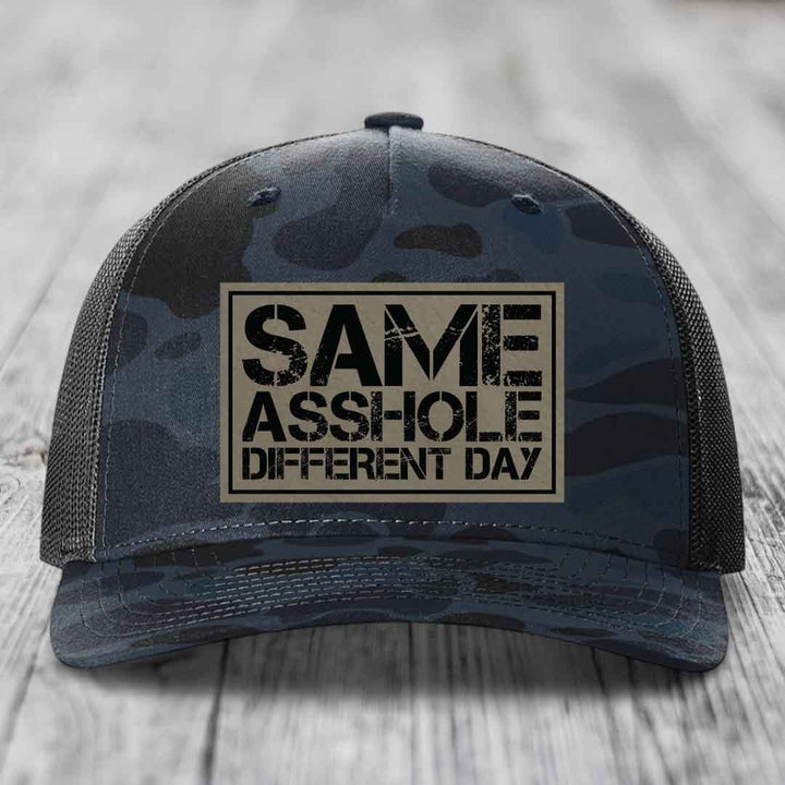 Same Asshole, Different Day - Leather Patch Hat - Light Brown to Black Patch - Richardson 112PFP Snapback Trucker Hat