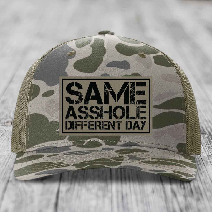 Same Asshole, Different Day - Leather Patch Hat - Light Brown to Black Patch - Richardson 112PFP Snapback Trucker Hat