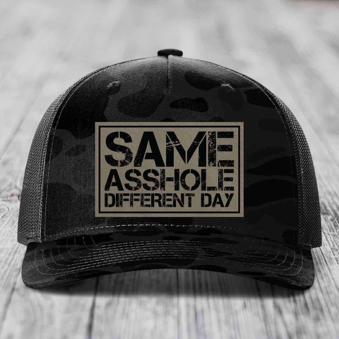 Same Asshole, Different Day - Leather Patch Hat - Light Brown to Black Patch - Richardson 112PFP Snapback Trucker Hat
