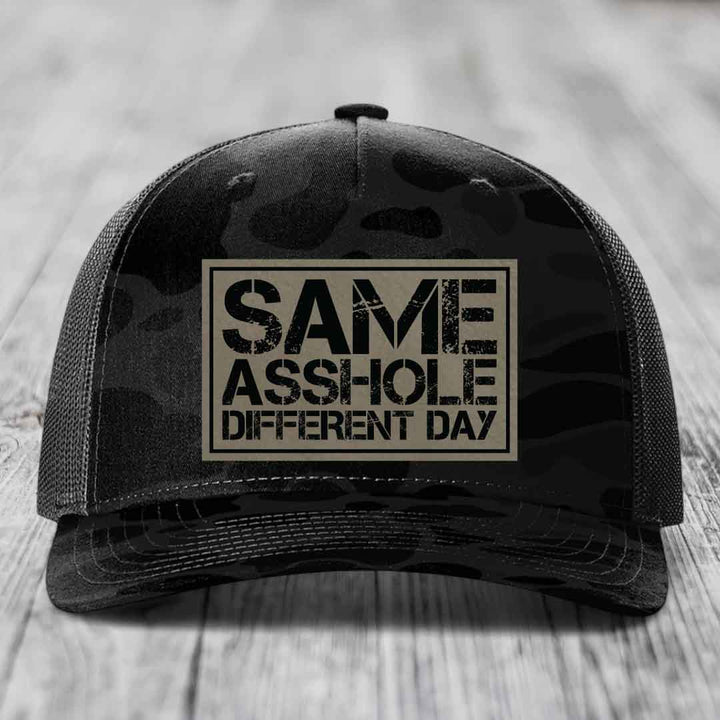Same Asshole, Different Day - Leather Patch Hat - Light Brown to Black Patch - Richardson 112PFP Snapback Trucker Hat
