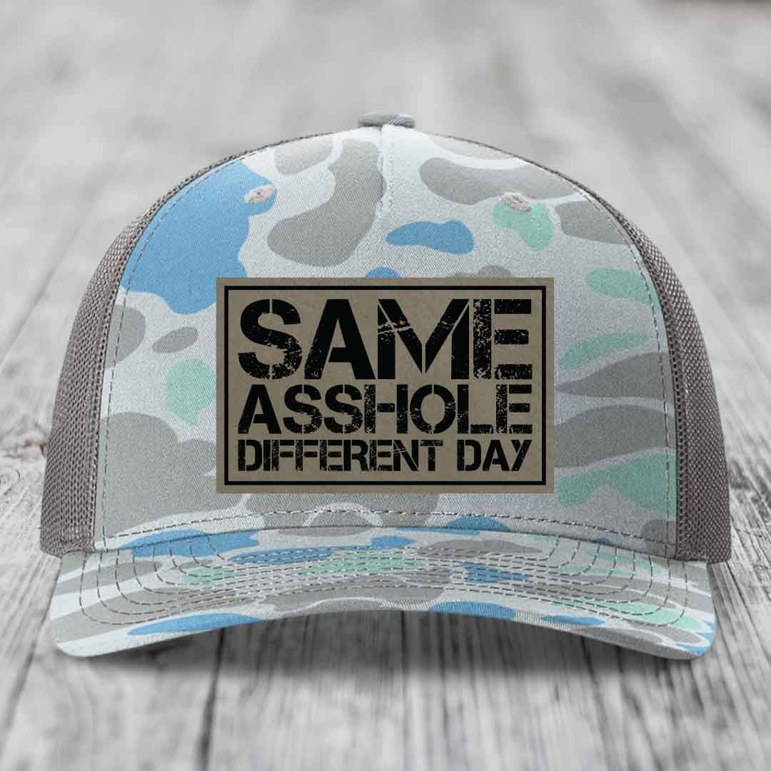 Same Asshole, Different Day - Leather Patch Hat - Light Brown to Black Patch - Richardson 112PFP Snapback Trucker Hat