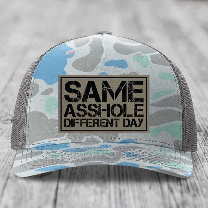 Same Asshole, Different Day - Leather Patch Hat - Light Brown to Black Patch - Richardson 112PFP Snapback Trucker Hat