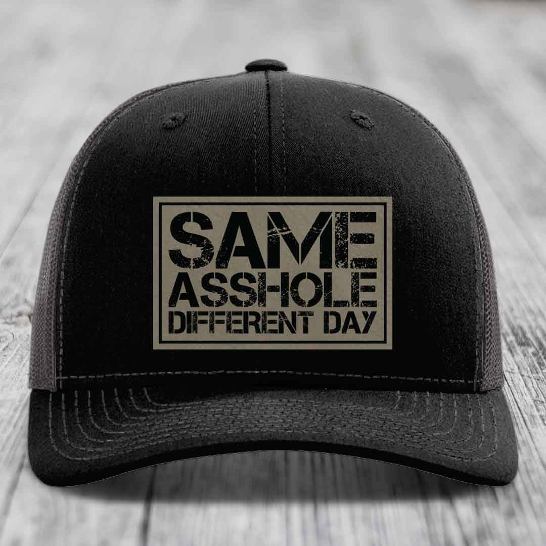 Same Asshole, Different Day - Leather Patch Hat - Light Brown to Black Patch - Richardson 112 Snapback Trucker Hat