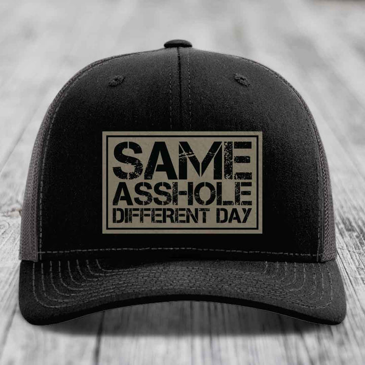 Same Asshole, Different Day - Leather Patch Hat - Light Brown to Black Patch - Richardson 112 Snapback Trucker Hat