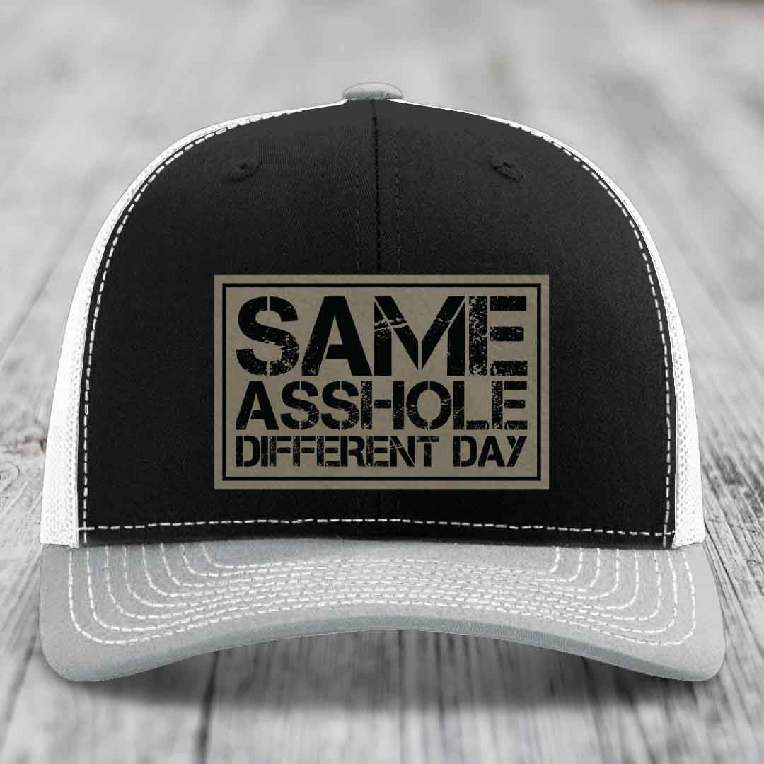 Same Asshole, Different Day - Leather Patch Hat - Light Brown to Black Patch - Richardson 112 Snapback Trucker Hat