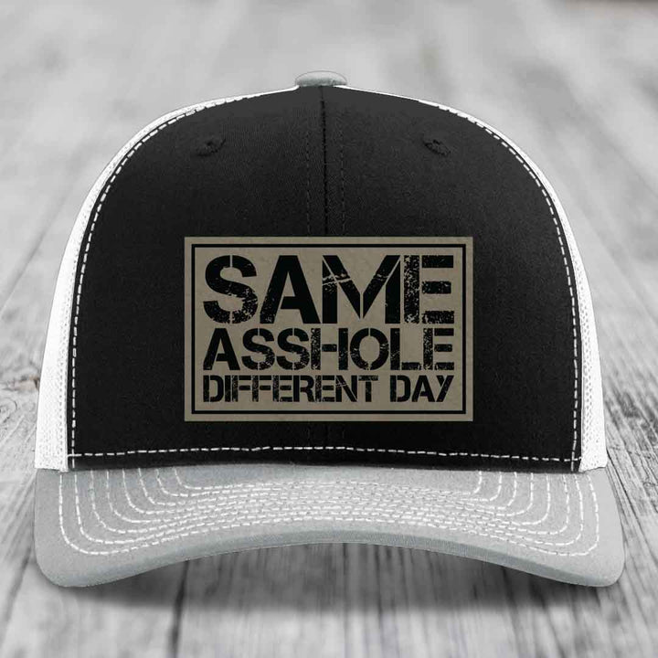 Same Asshole, Different Day - Leather Patch Hat - Light Brown to Black Patch - Richardson 112 Snapback Trucker Hat