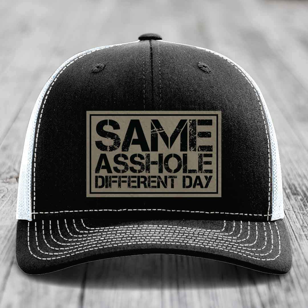 Same Asshole, Different Day - Leather Patch Hat - Light Brown to Black Patch - Richardson 112 Snapback Trucker Hat