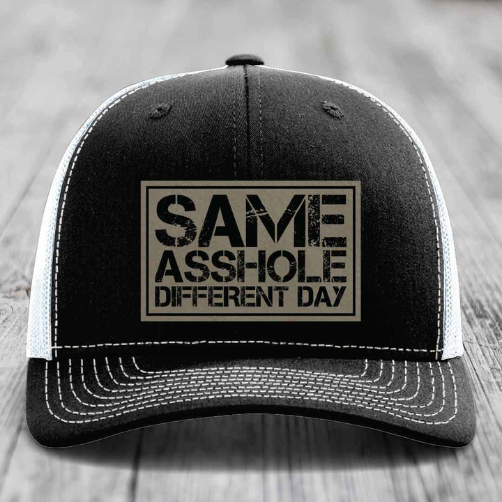 Same Asshole, Different Day - Leather Patch Hat - Light Brown to Black Patch - Richardson 112 Snapback Trucker Hat