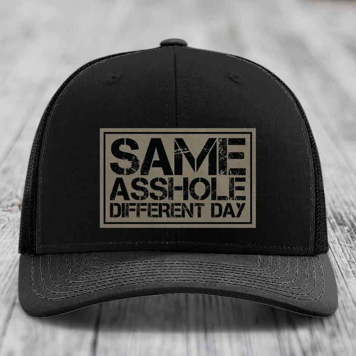 Same Asshole, Different Day - Leather Patch Hat - Light Brown to Black Patch - Richardson 112 Snapback Trucker Hat