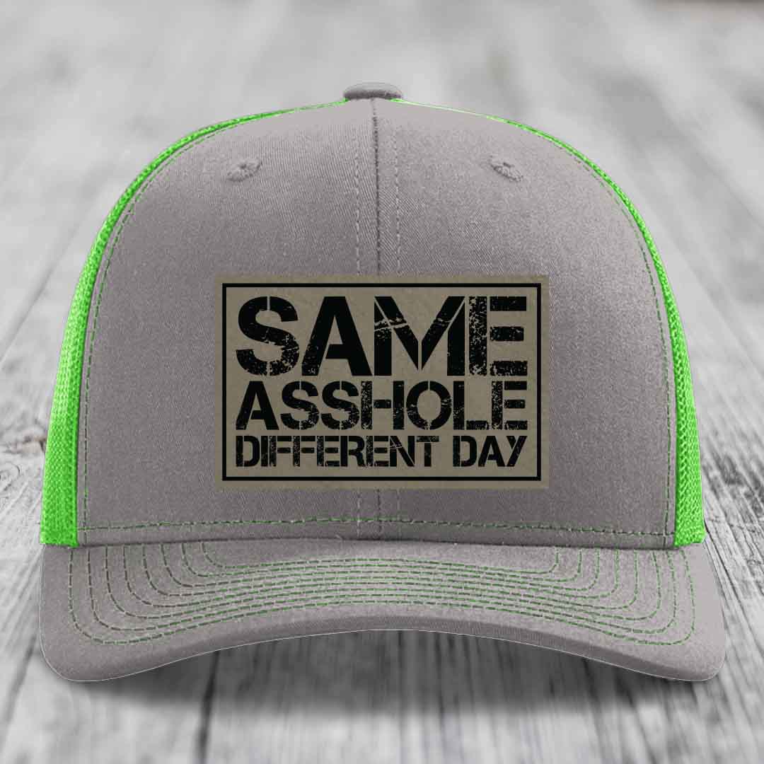 Same Asshole, Different Day - Leather Patch Hat - Light Brown to Black Patch - Richardson 112 Snapback Trucker Hat