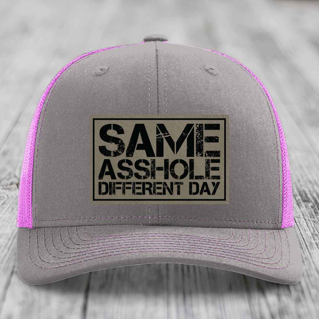 Same Asshole, Different Day - Leather Patch Hat - Light Brown to Black Patch - Richardson 112 Snapback Trucker Hat