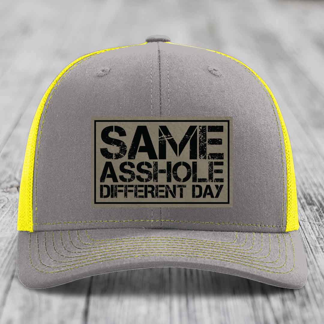 Same Asshole, Different Day - Leather Patch Hat - Light Brown to Black Patch - Richardson 112 Snapback Trucker Hat