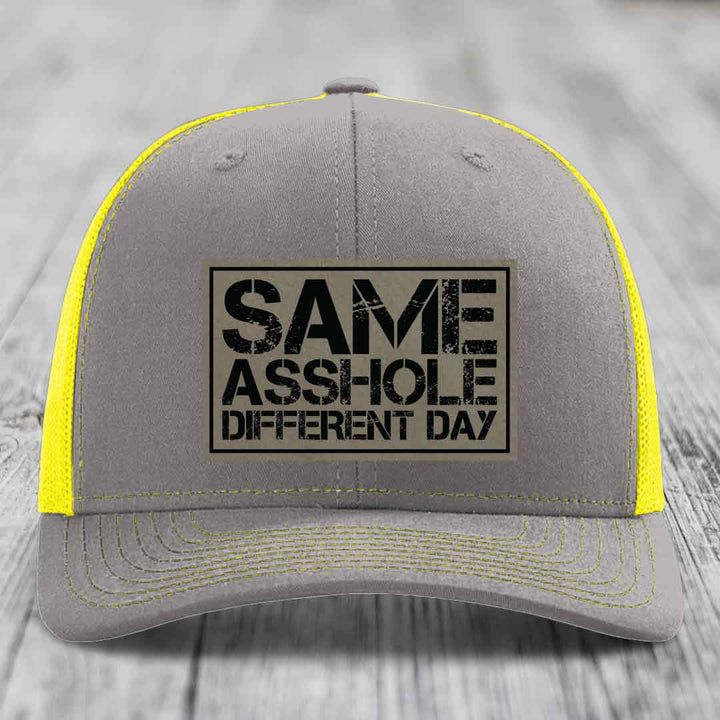 Same Asshole, Different Day - Leather Patch Hat - Light Brown to Black Patch - Richardson 112 Snapback Trucker Hat