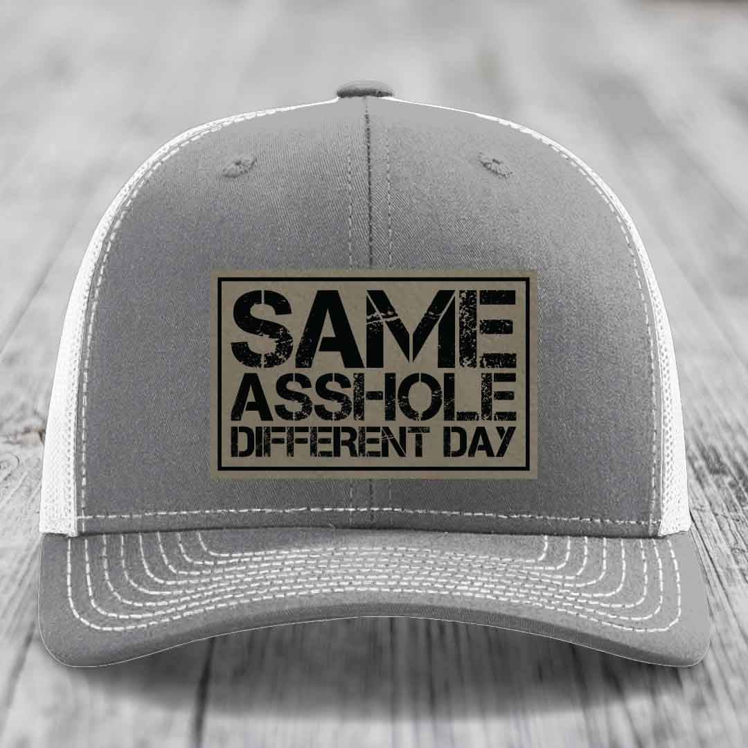 Same Asshole, Different Day - Leather Patch Hat - Light Brown to Black Patch - Richardson 112 Snapback Trucker Hat