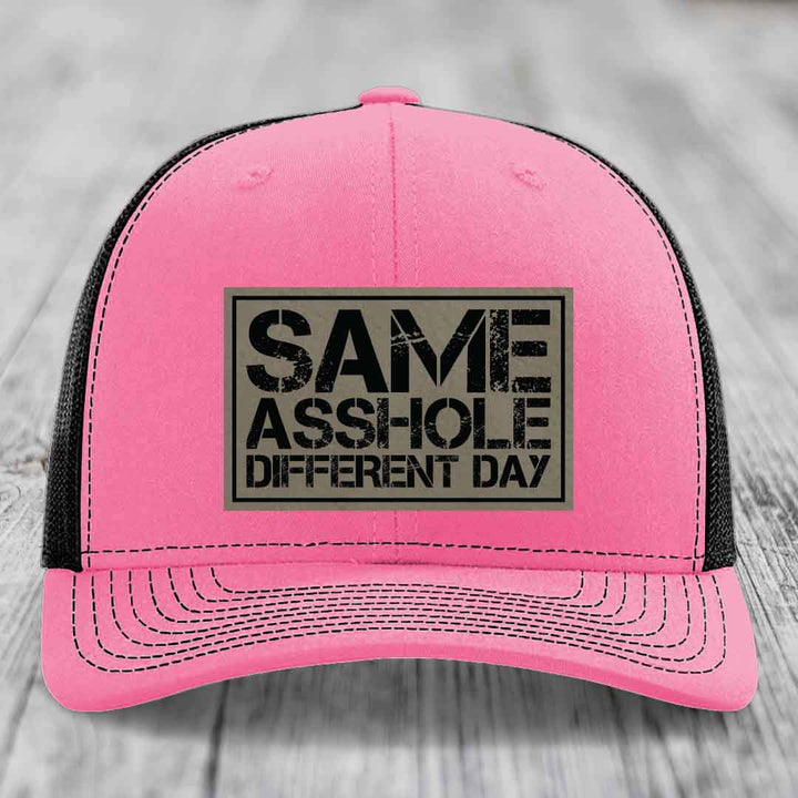 Same Asshole, Different Day - Leather Patch Hat - Light Brown to Black Patch - Richardson 112 Snapback Trucker Hat