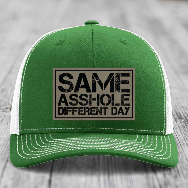 Same Asshole, Different Day - Leather Patch Hat - Light Brown to Black Patch - Richardson 112 Snapback Trucker Hat