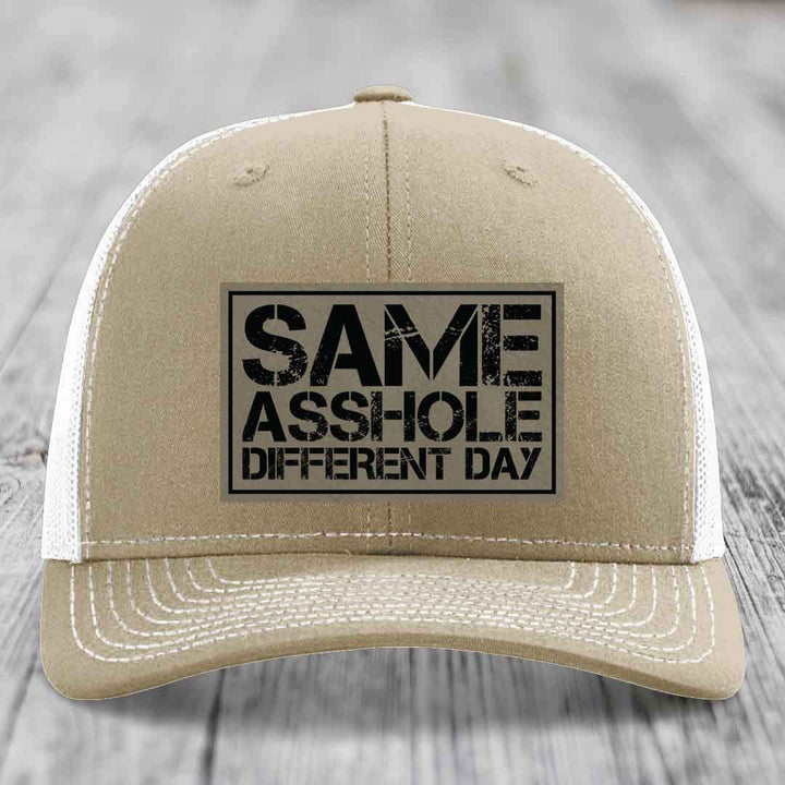 Same Asshole, Different Day - Leather Patch Hat - Light Brown to Black Patch - Richardson 112 Snapback Trucker Hat