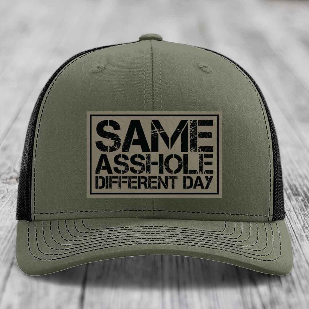 Same Asshole, Different Day - Leather Patch Hat - Light Brown to Black Patch - Richardson 112 Snapback Trucker Hat