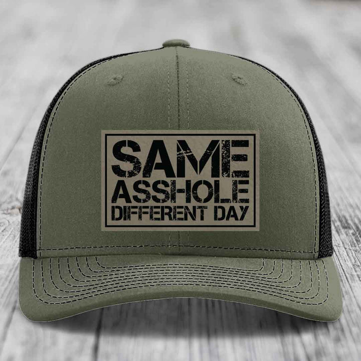 Same Asshole, Different Day - Leather Patch Hat - Light Brown to Black Patch - Richardson 112 Snapback Trucker Hat