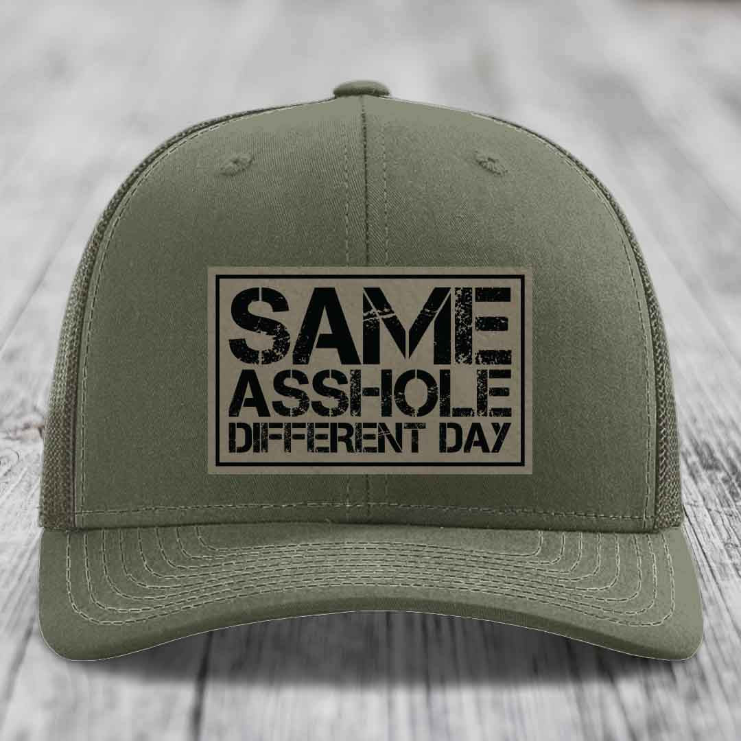 Same Asshole, Different Day - Leather Patch Hat - Light Brown to Black Patch - Richardson 112 Snapback Trucker Hat