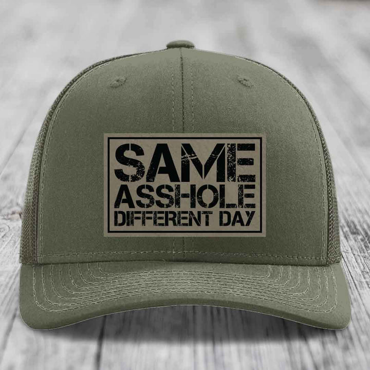 Same Asshole, Different Day - Leather Patch Hat - Light Brown to Black Patch - Richardson 112 Snapback Trucker Hat
