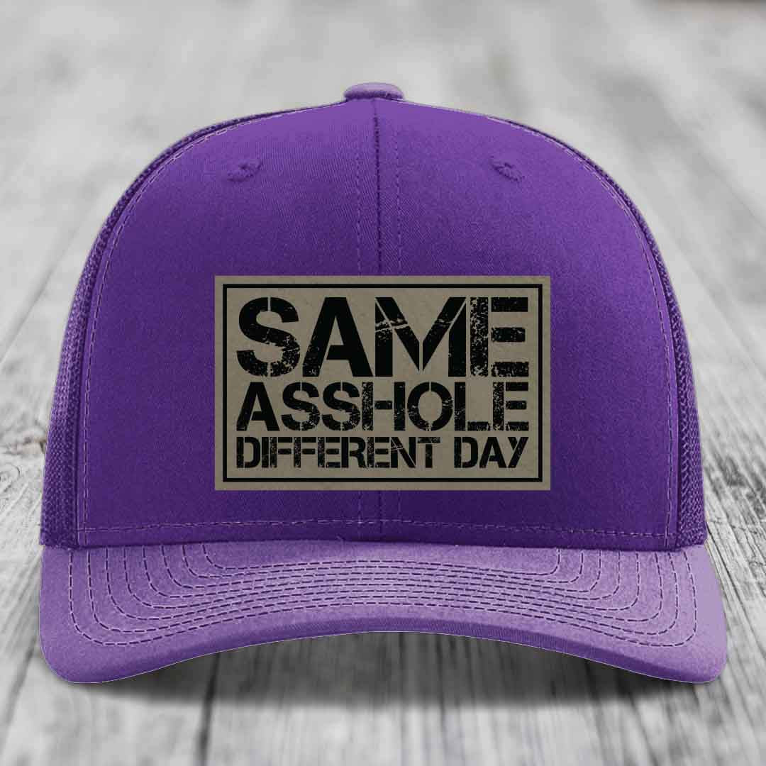 Same Asshole, Different Day - Leather Patch Hat - Light Brown to Black Patch - Richardson 112 Snapback Trucker Hat