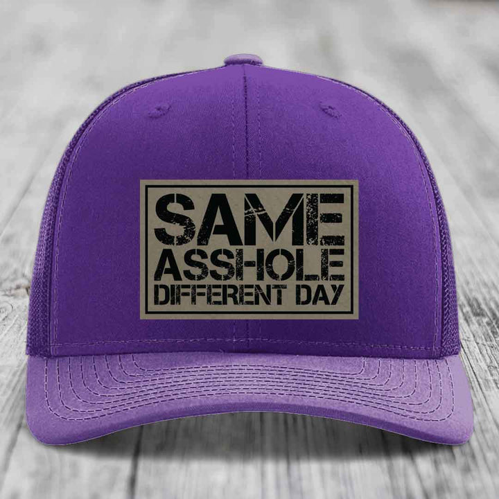 Same Asshole, Different Day - Leather Patch Hat - Light Brown to Black Patch - Richardson 112 Snapback Trucker Hat