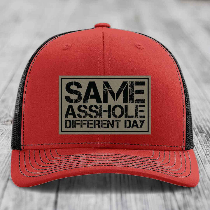 Same Asshole, Different Day - Leather Patch Hat - Light Brown to Black Patch - Richardson 112 Snapback Trucker Hat