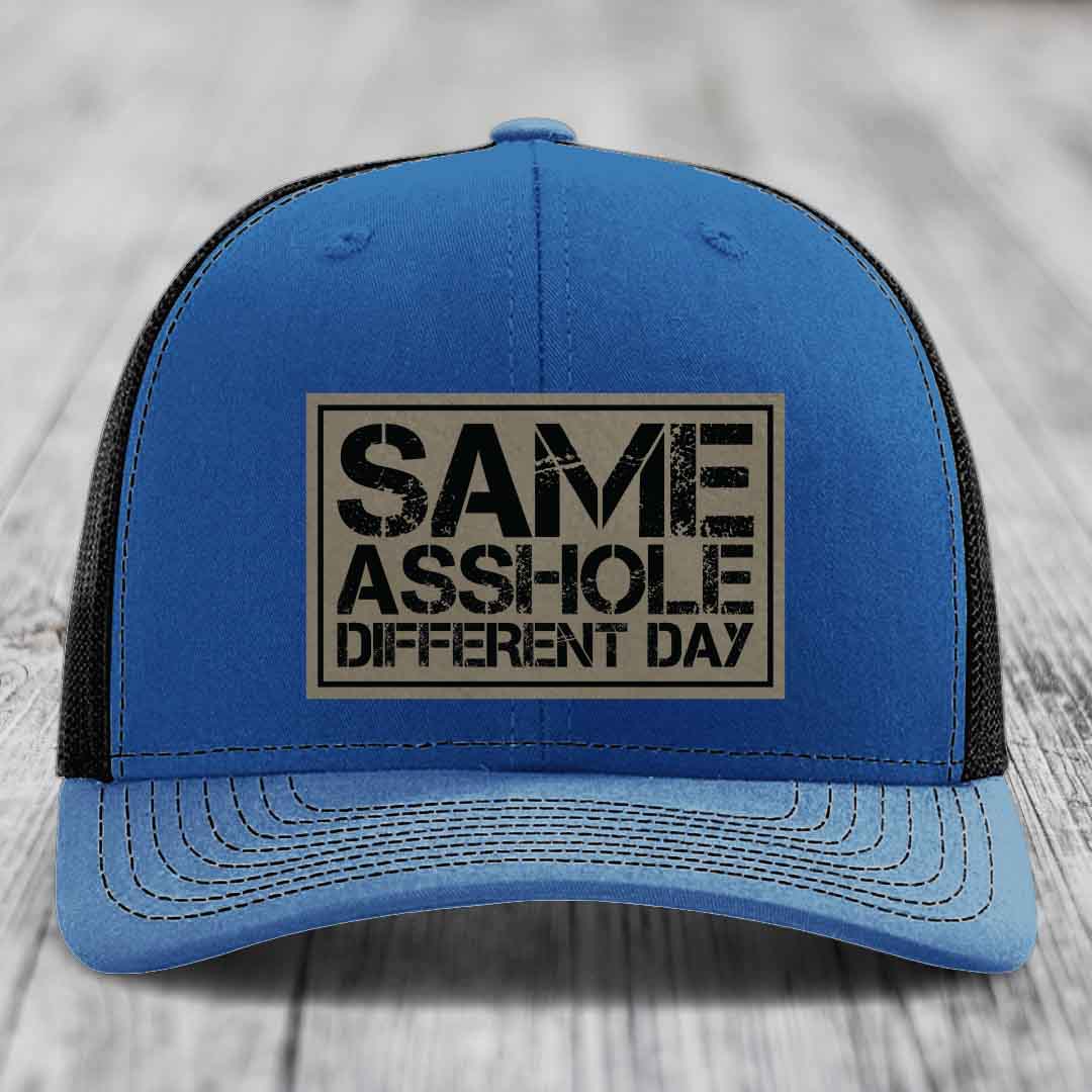 Same Asshole, Different Day - Leather Patch Hat - Light Brown to Black Patch - Richardson 112 Snapback Trucker Hat