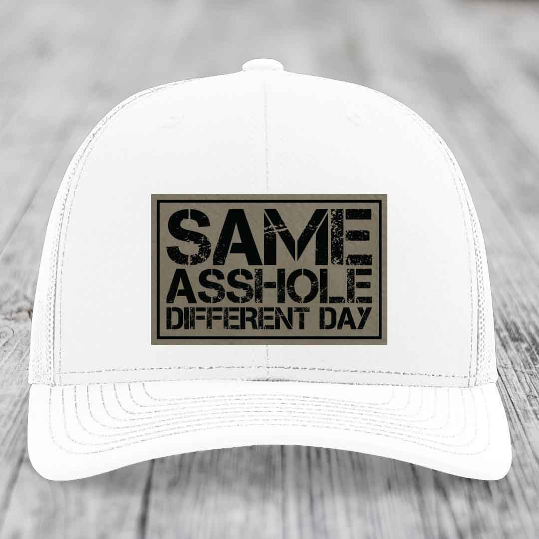 Same Asshole, Different Day - Leather Patch Hat - Light Brown to Black Patch - Richardson 112 Snapback Trucker Hat