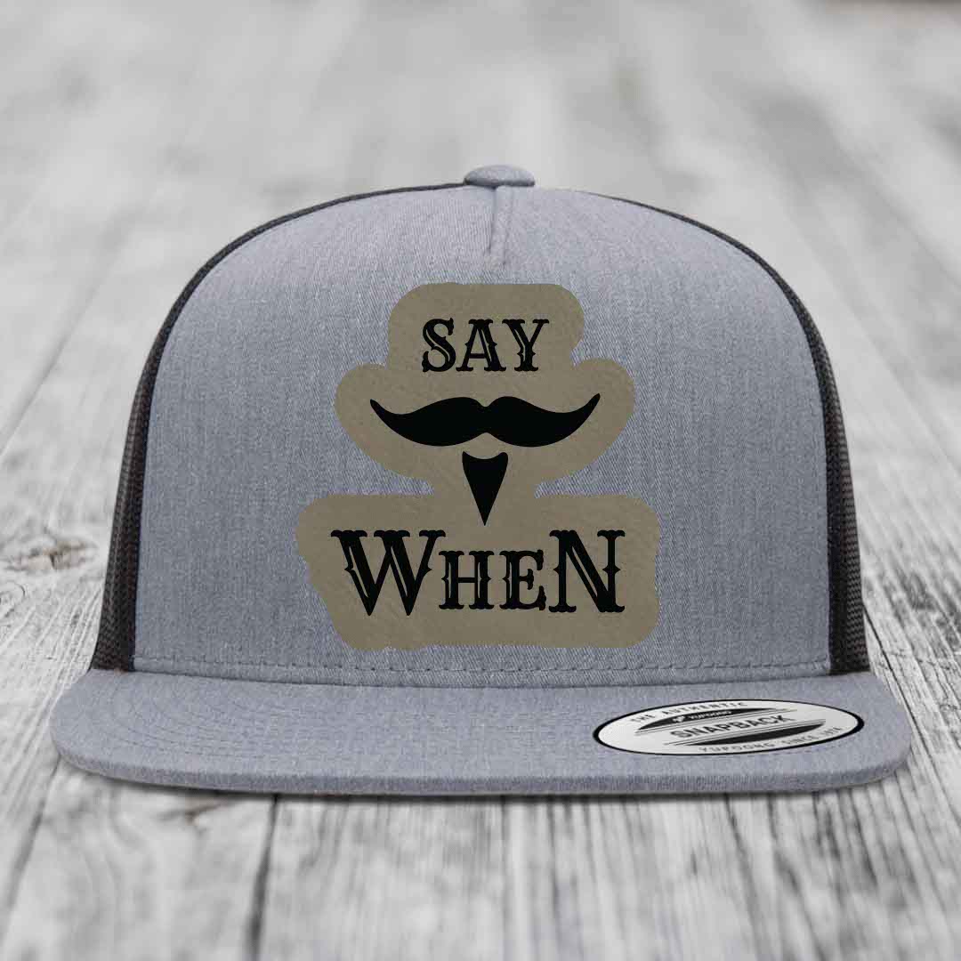 Grey trucker hat with black mustache patch and &