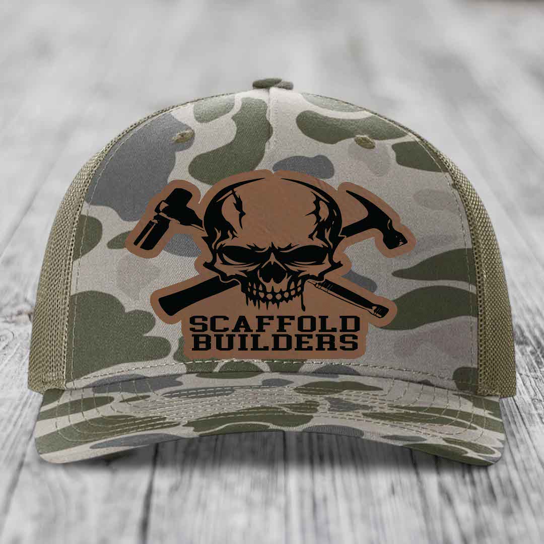 Scaffold Builders - Leather Patch Hat - Dark Brown to Black Patch - Richardson 112PFP Snapback Trucker Hat