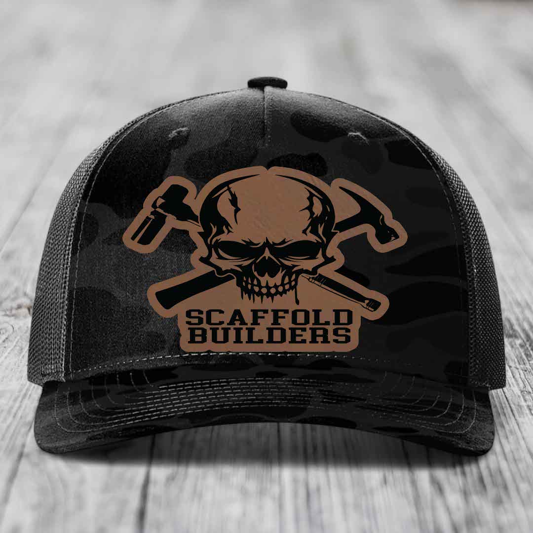 Scaffold Builders - Leather Patch Hat - Dark Brown to Black Patch - Richardson 112PFP Snapback Trucker Hat