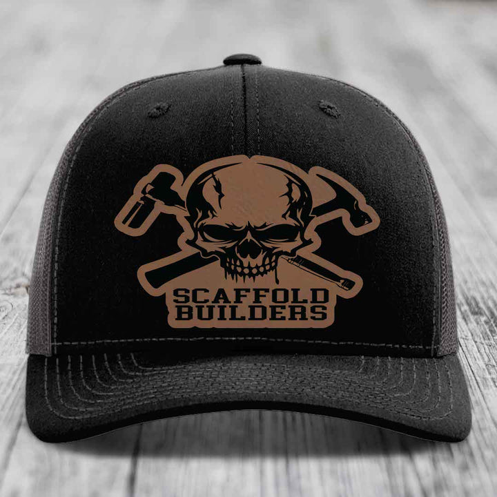 Scaffold Builders - Leather Patch Hat - Dark Brown to Black Patch - Richardson 112 Snapback Trucker Hat