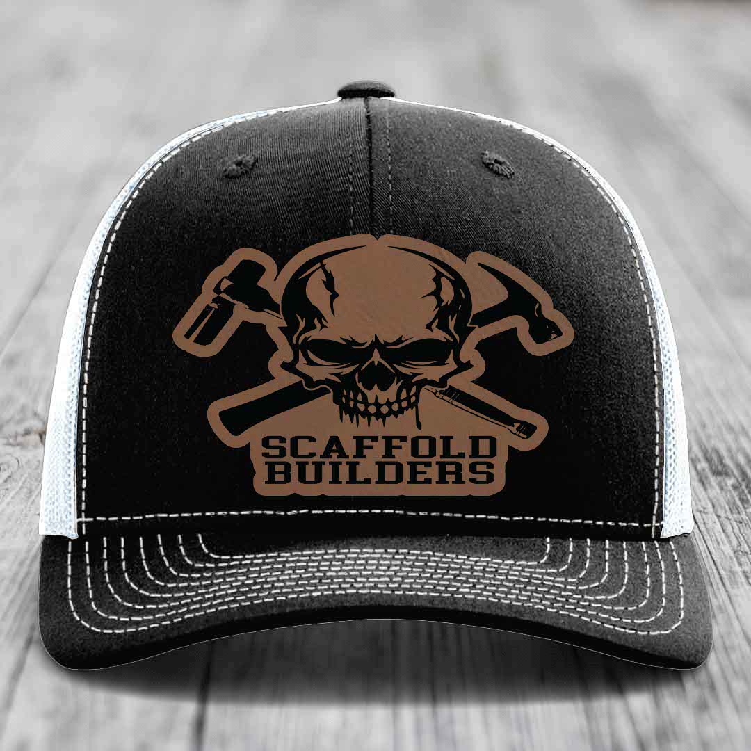Scaffold Builders - Leather Patch Hat - Dark Brown to Black Patch - Richardson 112 Snapback Trucker Hat