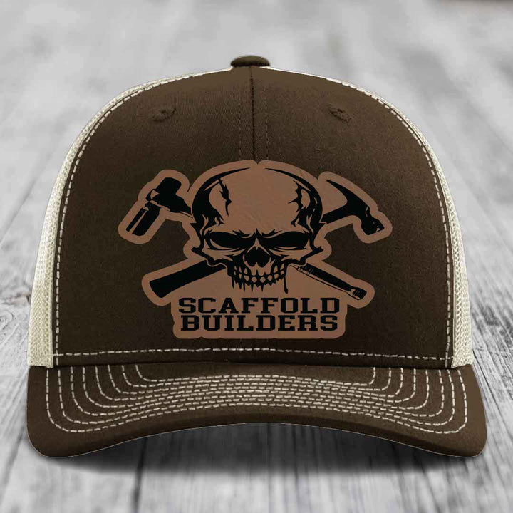 Scaffold Builders - Leather Patch Hat - Dark Brown to Black Patch - Richardson 112 Snapback Trucker Hat